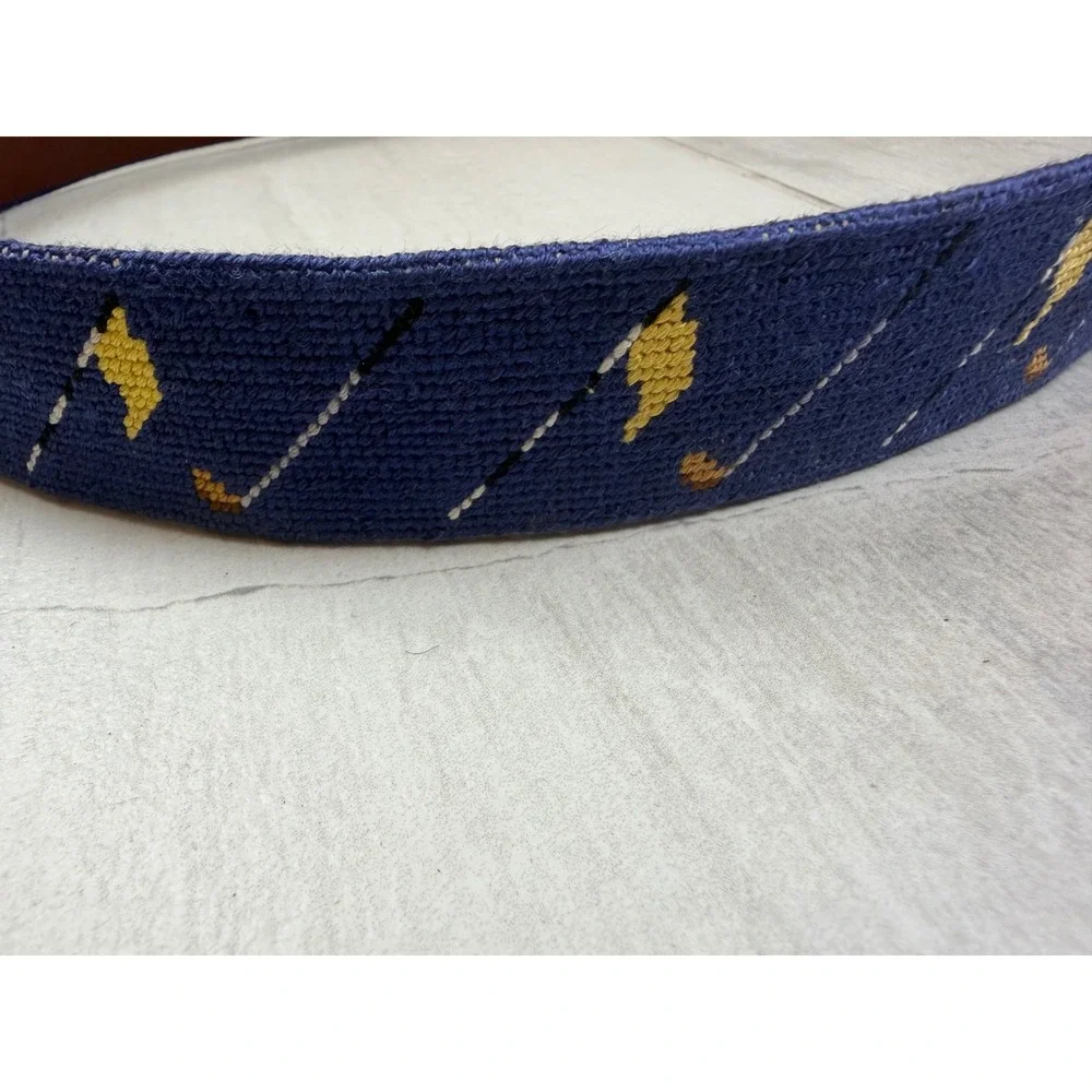 Smathers & Branson Mens Needlepoint Golf Belt Navy Blue Leather Size 36